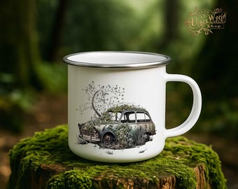 Enamel Mug - Abandoned Cars Motif 3 - Abandoned cars in watercolor style. Gift for Urbexer & car fans with 7 motifs.