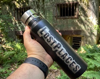 Lost Places Thermos Bottle for Urban Explorers & Hikers, Stainless Steel Water Bottle, Black with Engraving, Unique Gift for Lost Place Fans