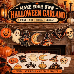 May include: A DIY Halloween garland kit featuring a black sign with orange text reading Make Your Own Halloween Garland, Print, Cut, String, Display. Includes cutouts of a pumpkin, ghost, cat, moon, witch hat, bat, and skull on twine.