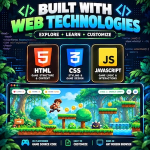 Op de afbeelding: Een digitale afbeelding met de titel BUILT WITH WEB TECHNOLOGIES met HTML5, CSS3 en JavaScript iconen boven een 2D platformspel interface. Het spel toont een personage dat door een boslevel springt met munten en platforms.