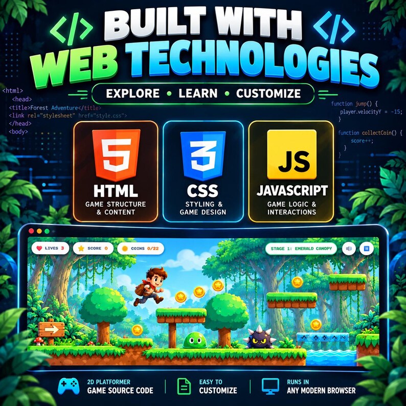Op de afbeelding: Een digitale afbeelding met de titel BUILT WITH WEB TECHNOLOGIES met HTML5, CSS3 en JavaScript iconen boven een 2D platformspel interface. Het spel toont een personage dat door een boslevel springt met munten en platforms.