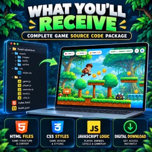 Op de afbeelding: Een laptop toont een 2D-bosavonturenspel met een personage dat over platforms, munten en vijanden springt. Daarnaast staat een mappenstructuur met assets, CSS en JS-bestanden. De tekst luidt WHAT YOU'LL RECEIVE en COMPLETE GAME SOURCE CODE PACKAGE.