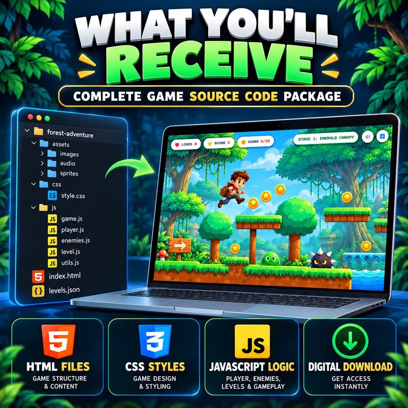 Op de afbeelding: Een laptop toont een 2D-bosavonturenspel met een personage dat over platforms, munten en vijanden springt. Daarnaast staat een mappenstructuur met assets, CSS en JS-bestanden. De tekst luidt WHAT YOU'LL RECEIVE en COMPLETE GAME SOURCE CODE PACKAGE.