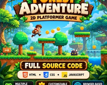 May include: A digital game asset featuring the text Forest Adventure 2D Platformer Game, Full Source Code, HTML, CSS, Javascript, Multiple Levels, Customizable Game, and Browser-Based Game with a character jumping over coins.