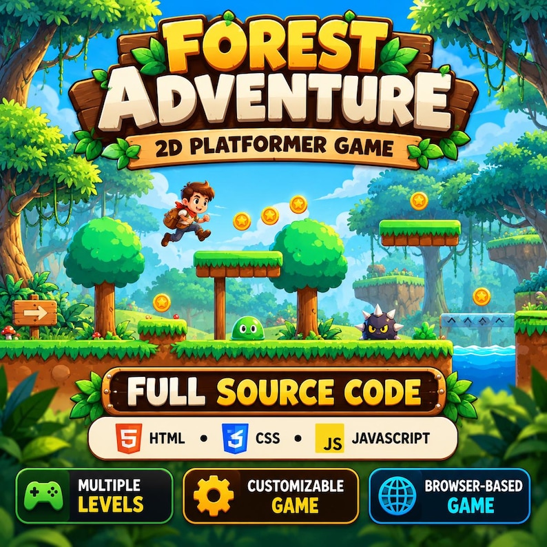 Op de afbeelding: Een digitaal game-asset met de tekst Forest Adventure 2D Platformer Game, Full Source Code, HTML, CSS, Javascript, Multiple Levels, Customizable Game en Browser-Based Game met een personage dat over munten springt.