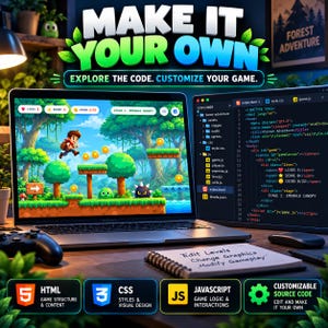 Op de afbeelding: Een laptop toont een 2D-platformgame en code-editor, met de tekst MAKE IT YOUR OWN, EXPLORE THE CODE. CUSTOMIZE YOUR GAME. Een notitieblok toont Edit Levels, Change Graphics, Modify Gameplay. Pictogrammen voor HTML, CSS en JavaScript zijn zichtbaar.