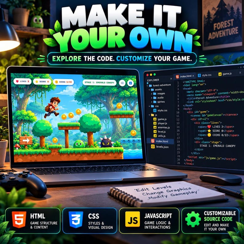 Op de afbeelding: Een laptop toont een 2D-platformgame en code-editor, met de tekst MAKE IT YOUR OWN, EXPLORE THE CODE. CUSTOMIZE YOUR GAME. Een notitieblok toont Edit Levels, Change Graphics, Modify Gameplay. Pictogrammen voor HTML, CSS en JavaScript zijn zichtbaar.