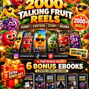 Peut inclure: Un ensemble de produits numériques comprenant plus de 2000 Talking Fruit Reels avec des personnages de fruits animés, des icônes de réseaux sociaux et 6 ebooks bonus, dont The Ultimate Faceless Playbook et Social Media Secrets.