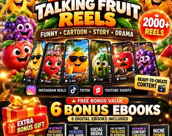Op de afbeelding: Een digitaal productpakket met 2000+ Talking Fruit Reels met cartoonfruitfiguren, sociale media-iconen en 6 bonus-e-books, waaronder titels zoals The Ultimate Faceless Playbook en Social Media Secrets voor het maken van content.