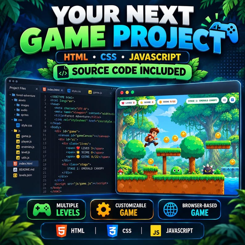 Op de afbeelding: Een digitaal projectdisplay met de tekst YOUR NEXT GAME PROJECT, HTML, CSS, JAVASCRIPT en SOURCE CODE INCLUDED. Het toont een code-editor met bestandsstructuren en een 2D-platformgame-interface met een personage in een bos.