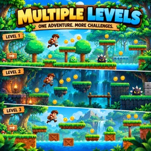 Op de afbeelding: Een digitale spelinterface met de titel Multiple Levels One Adventure. More Challenges. De afbeelding toont drie afzonderlijke horizontale spelsegmenten met een stripfiguur die over platforms springt, gouden munten verzamelt en vijanden ontwijkt.