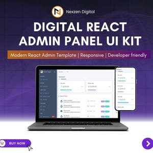 Puede incluir: Un portátil y un smartphone muestran un kit de interfaz de usuario de panel de administración React digital. La imagen presenta el texto "Digital React Admin Panel UI Kit" y "Modern React Admin Template | Responsive | Developer friendly."