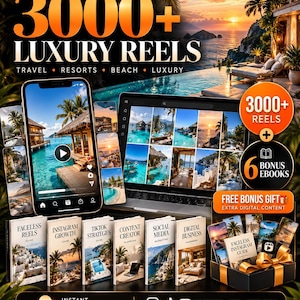 May include: A digital product bundle featuring 3000+ luxury travel reels, six bonus ebooks, and extra digital content. The display includes a smartphone and laptop showing tropical resort videos, alongside printed guides for social media growth.