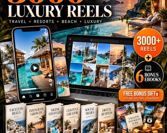 Op de afbeelding: Een digitaal productpakket met 3000+ luxe reisvideo's, zes bonus-e-books en extra digitale inhoud. De afbeelding toont een smartphone en laptop met beelden van tropische resorts, naast gedrukte handleidingen voor social media groei.
