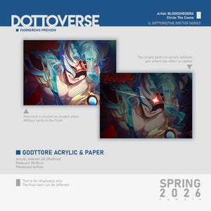 Puede incluir: Imagen de vista previa de merchandising para fans con ilustraciones de la serie "IL DOTTORE/THE DOCTOR SERIES". La imagen muestra una vibrante ilustración de un personaje con acentos azules y blancos, una estrella roja y detalles dorados. Los textos "DOTTOVERSE" y "GODTTORE ACRYLIC & PAPER" son visibles.