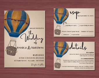 Hot Air Balloon Wedding Template Set, Invitation, Details and RSVP, Editable Canva Templates