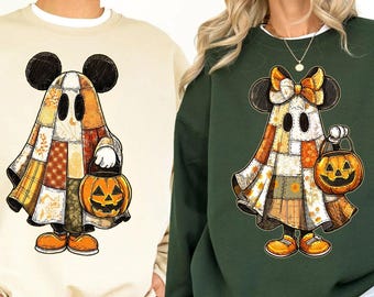 Retro Halloween Floral Patchwork Mickey Mouse Couple Sweatshirt, Preppy Halloween Minnie Mouse Ghost Shirt, Quilt Ghost Matching Sweatshirt