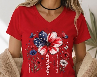 USA 250th Anniversary Floral Bella Canvas V-Neck Shirt, 1776–2026, Patriotic Wildflower Tee, America 250 Years Freedom, 4th of July Tee