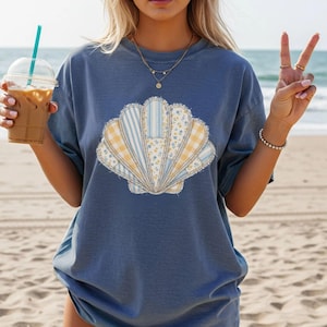 Faux Patchwork Seashell Comfort Colors Shirt, Cute Ocean Aesthetic Tank Top, Beach Summer Graphic Tee,  Summer Vibes T-Shirt