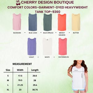 Puede incluir: Exhibici&oacute;n de camisetas sin mangas en varios colores, como rosa, azul, verde y naranja. La imagen incluye una tabla de tallas con medidas en cm y el texto "CHERRY DESIGN BOUTIQUE".