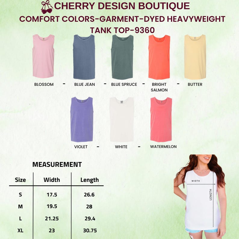 Puede incluir: Exhibici&oacute;n de camisetas sin mangas en varios colores, como rosa, azul, verde y naranja. La imagen incluye una tabla de tallas con medidas en cm y el texto "CHERRY DESIGN BOUTIQUE".