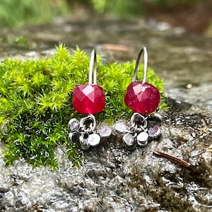 May include: A pair of silver earrings with faceted, deep red gemstones. Each earring features a cluster of small, silver-toned charms below the red gem. The earrings are displayed on a mossy, natural surface.