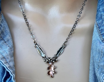 Collar rústico de cobre y plata de ley con hojas de roble