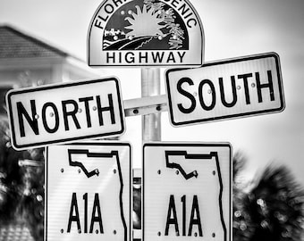 Letrero de calle A1A de Florida, letrero de carretera de Florida, fotografía artística en blanco y negro, impresión en lienzo o papel satinado, decoración de playa, casa de playa