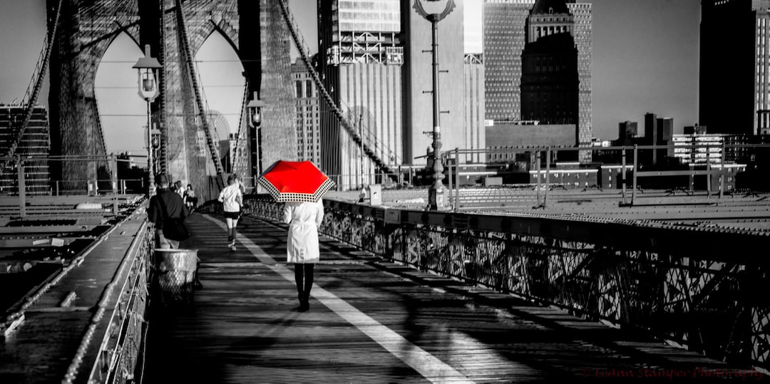 New York City Red Umbrella Canvas Art Brooklyn Bridge Black and
