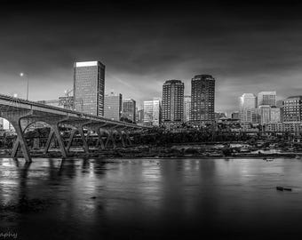 Richmond Virginia Print RVA VA James River Downtown Skyline Black and White Fine Art Photography Print Wrapped Canvas or Luster Paper VCU