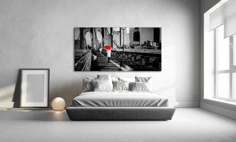 New York City Red Umbrella Canvas Art Brooklyn Bridge Black and White ...