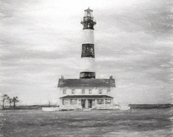 May include: A black and white pencil sketch of a lighthouse with a white house attached to it. The lighthouse is tall and thin with a black and white striped tower. The house has a porch and windows. The lighthouse is set against a cloudy sky.
