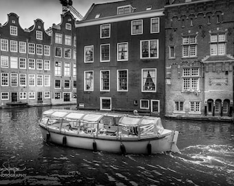 Amsterdam Print Netherlands Fine Art Photography Canvas Print Black and White Amsterdam Print Canal Boat