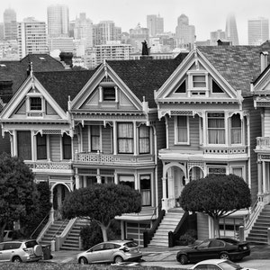 San Francisco,Painted Ladies,Skyline,Black and White,Row Houses,Downtown San Francisco,Wall Art,Home Decor,Office Decor,Canvas Option