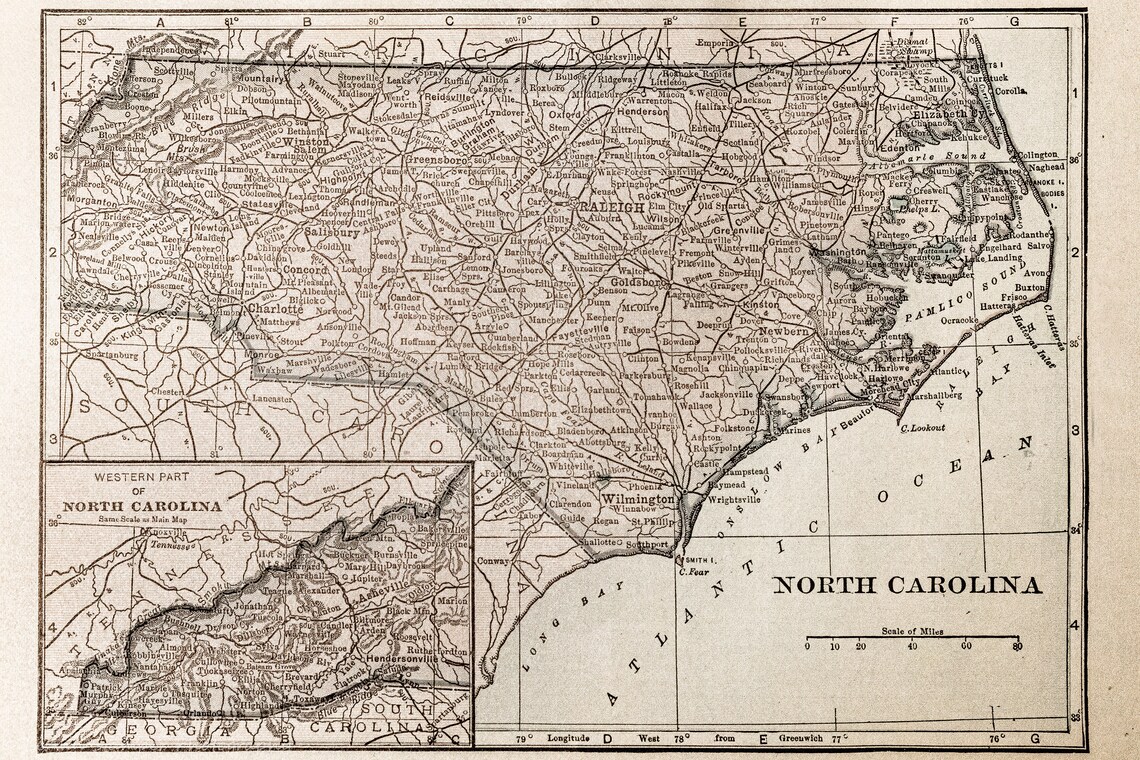 North Carolina Map Print NC Vintage Map Printed on Your Choice - Etsy