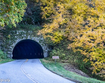 Great Smoky Mountains National Park Fall Print Gatlinburg TN Blue Ridge Parkway Tunnel Fall Season Colored Leaves on Canvas or Paper Framed