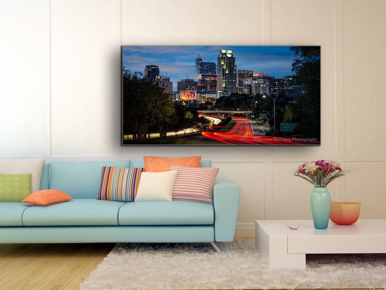 Raleigh,North Carolina,Metal Art,Skyline,Raleigh Art,Wall Art,Home Decor,Office Decor,NC State,Car Trails,City Skyline,Living Room Decor