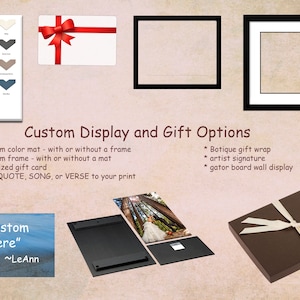 May include: A graphic showing custom display and gift options for artwork. The options include a choice of mat and frame colors, a personalized gift card, and a custom quote, song, or verse. The graphic also shows a gift box with a brown ribbon and a white envelope with a red bow.