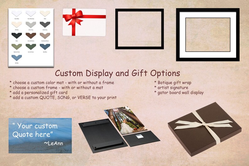 May include: A graphic showing custom display and gift options for artwork. The options include a choice of mat and frame colors, a personalized gift card, and a custom quote, song, or verse. The graphic also shows a gift box with a brown ribbon and a white envelope with a red bow.