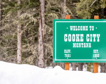 Yellowstone National Park Print YNP Poster Welcome to Cooke City Montana East Entrance Highway Sign Winter Snow Scene Snowmobile Canvas Art