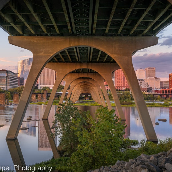 Richmond Virginia Print RVA  Downtown Skyline Under the Manchester Bridge View James River Flood Wall VA  Fine Art Sunset Photography