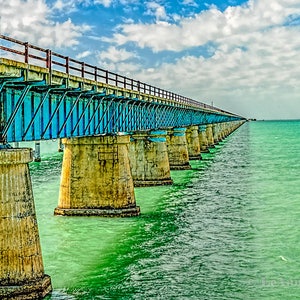 Seven Mile Bridge,Marathon Key,Key West,Florida,Florida Keys,Bridge,Panoramic,Ocean,Turquoise,Clouds,Blue,Canvas,Metal,Wall Art,Canvas Art