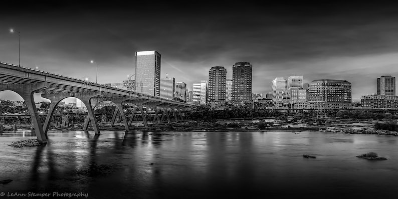 Richmond Virginia Print RVA VA James River Downtown Skyline Black and White Fine Art Photography Print Wrapped Canvas or Luster Paper VCU 