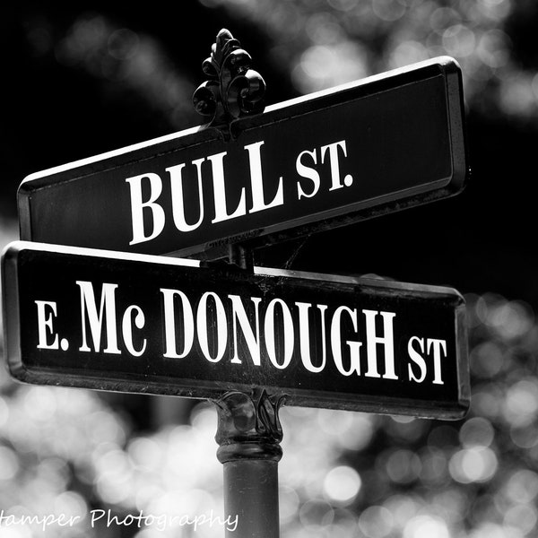 Savannah Georgia Print GA Forrest Gump Street Sign Bull Street McDonough St Fine Art Photography Black and White Canvas or Luster Paper