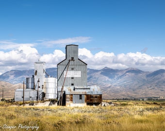 Yellowstone Montana Wyoming Grain Elevator and Mountain Scene Big Sky Country Fine Art Photography on Canvas or Paper with Frame Option