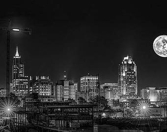 Raleigh Print North Carolina NC Art Downtown Skyline Large Oversize Black White Fine Art Photography Super Moon Wrapped Canvas or Luster