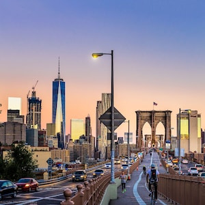 New York City Brooklyn Fine Art Photography Canvas Print Joggers on the Brooklyn Bridge at Sunrise