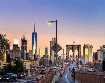 New York City Brooklyn Fine Art Photography Canvas Print Joggers on the Brooklyn Bridge at Sunrise