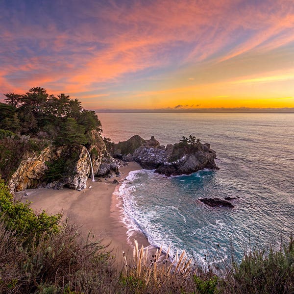 Big Sur Print Julia Pfeiffer Burns State Park Fine Art Photography McWay Falls Colorful Waterfall at Sunset on Canvas or Luster Paper