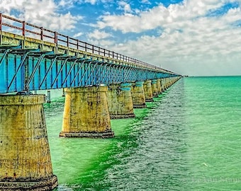 Seven Mile Bridge,Marathon Key,Key West,Florida,Florida Keys,Bridge,Panoramic,Ocean,Turquoise,Clouds,Blue,Canvas,Metal,Wall Art,Canvas Art